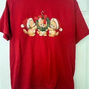 Red T-Shirt with Festive Cat Design